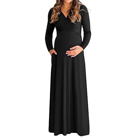 EZBELLE Womens Long Sleeve V Neck Wrap Maternity Maxi Dress Photoshoot with Pockets Black Medium Cover