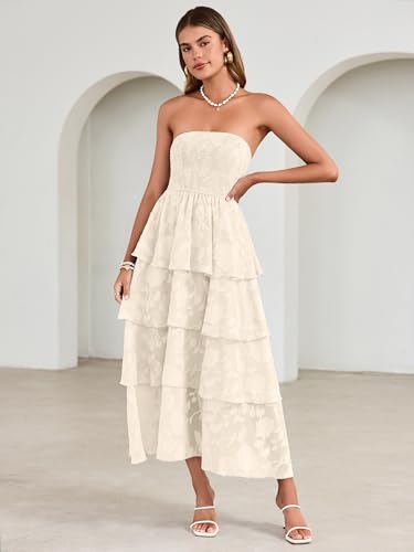 Image of Simplee Womens Summer Strapless Maxi Dress 2026 Boho Floral Off Shoulder Wedding Guest Dresses Tiered Beach Long Sundress