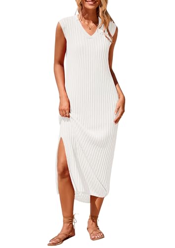 PRETTYGARDEN Women's 2025 Summer Casual Maxi Dresses Ribbed Knit Sleeveless V Neck 2 Piece Outfits with Slip Under Dress (White,Medium)