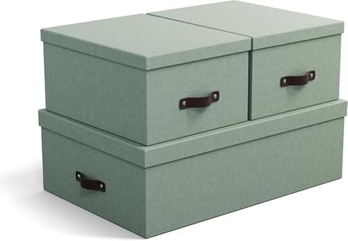 Bigso Box of Sweden - Bigso Box of Sweden INGE Lot de 3 boîtes de rangement pour chambre à coucher, enfants, bureau ou salle de bain - Boîte de rangement avec couvercle - Caisses de rangement aspect lin - Vert menthe