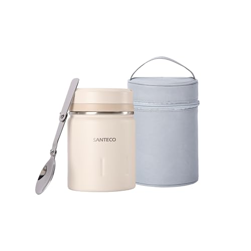 SANTECO 真空断熱 スープジャー 500ml 広口 保温保冷 ランチジャー保温弁当箱 スプーン 専用バッグ付 オシャレ 男女兼用 ピクニック 部活用 ライト (クリーム)