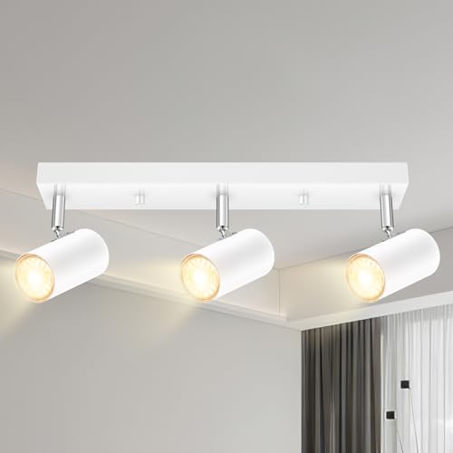 Plug in Track Lighting, 3 Light Ceiling Lighting Kit, White 3 Way Modern Wall Spotlight, 15 FT Cord,Flexibly Rotatable Complete Light Kits for Kitchen Cabinet Gallery Bar Living Room（No Bulb）