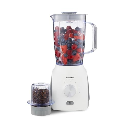GEEPAS 2-in-1 Food Jug Blender | 1.8L Juice Jar & 60G Mini Coffee Spice Mill | 6-Leaf Stainless-Steel Blades 3 Speed & Pulse Smoothie Maker Turbo Button for Ice Crushing Overheat Protection 600W White
