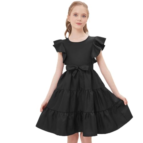 Girls Summer Dress Ruffle Sleeve Tiered Swing A-Line Flared Skater Party Dress with Pockets 5-14T