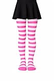 MYSASI Children's Striped Tights, Neon Pink and White, Knit Nylon, Full Length, Stretchy, 40 Denier, Girls (US, Age, 6 Years, 8 Years, Neon Pink and White)