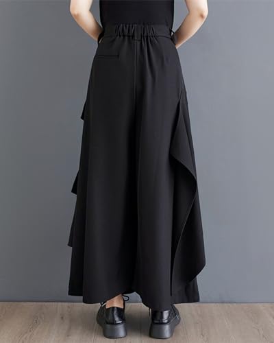 ellazhu Women's Black Culottes Irregular Wide Leg Pockets Drop Crotch Button Down GZ208 A3