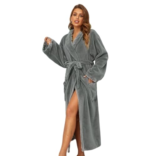 RONGTAI Womens Bathrobe Ladies Fleece Plush Warm Long Robes (X-Large,Gray) — view 2