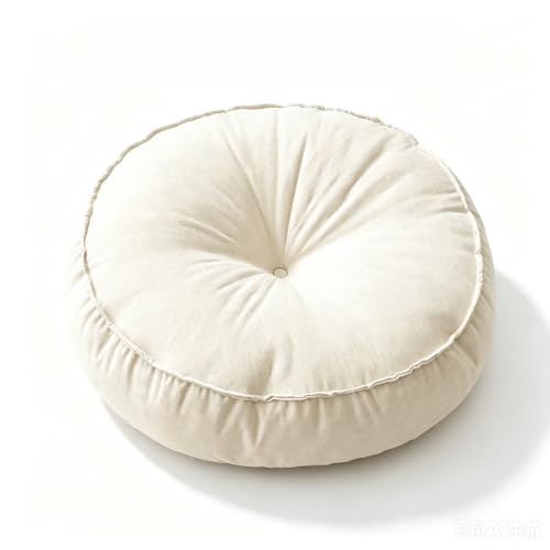 LUBEWISE Coussin de sol rond 45 x 45 cm - Coussin de sol épais - Pouf pour sol et jardin - Coussin de méditation pour adultes - Coussin rond décoratif pour yoga, salon, balcon, extérieur (blanc)