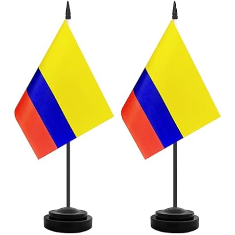 TrendPow 2 Pack Colombia Desk Flag, Colombian Table Office Flags, Small Miniature Desktop Flag With 12"" Solid Black Pole and Black Base, Classroom, Offices Meeting Desk Decoration (Colombia) Cover