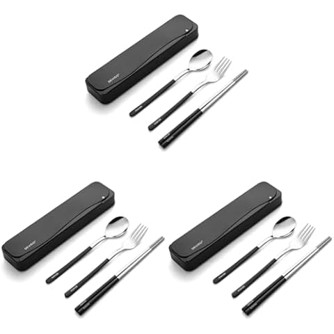 DEVICO Travel Utensils, 18/8 Stainless Steel 4pcs Cutlery Set Portable Camp Reusable Flatware Silverware, Include Fork Spoon Chopsticks with Case (black) (Pack of 3) Cover