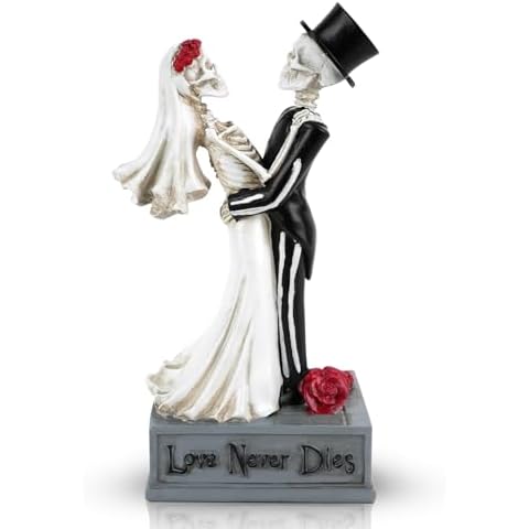 Day of The Dead Skeleton Couple Bride and Groom Figurines, Love Never Dies in Bridal Gown and Tuxedo Sculpture Handmade Resin Crafts, for Halloween Gothic Wedding Gift Decor Ornament Cover
