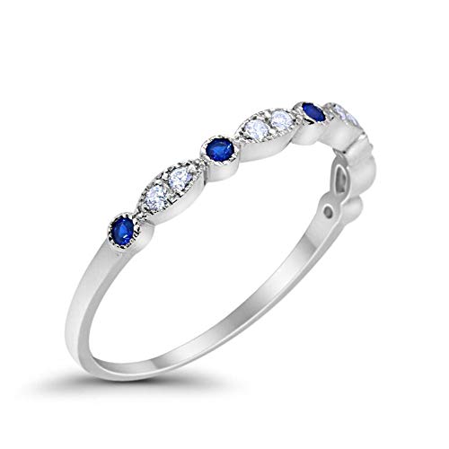 2mm Half Eternity Wedding Band Art Deco Design Round Simulated Blue Sapphire CZ 925 Sterling Silver, Size-104