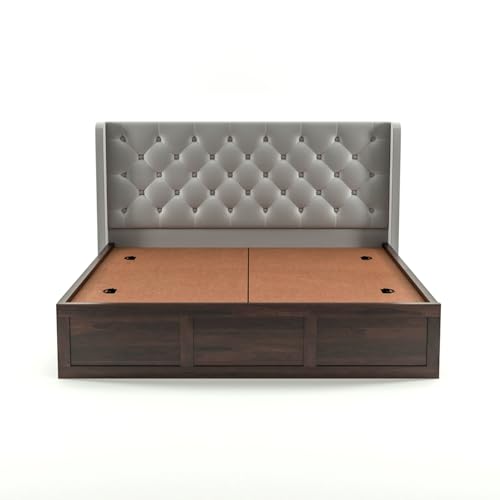 Image of Solid Sheesham Wood King Size Bed with Storage | Wooden Double Bed Cot Bed with Box Storage & Velvet Upholstered Cushioned Headboard for Bedroom (Walnut D, King)