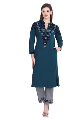 Image of Rosary Women's Woolen Winter Embroidered Kurta with Palazzo | Warm Ethnic Suit Set - 2 Piece Outfit