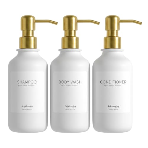 Modern Shampoo and Conditioner Dispenser Set of 3, 17oz Refillable Shower Soap Bottles with Stainless Steel Pumps & Waterproof Labels for Shampoo, Conditioner & Body Wash, Boutique Bathroom Decor - image 1