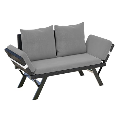 LEMBERI Outdoor Convertible Sofa, Daybed Couch with Adjustable Armrests, Woven Rattan Patio Loveseat or Double Chair with Soft Cushions and Backrest Pillows for Patio, Poolside, Yard, Porch, Gray