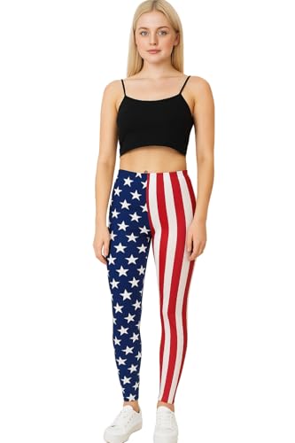 STAR FASHION Ladies Printed Stretchy Viscose Full Length Leggings Womens Elasticated Waist Pants Soft Comfortable Fit USA Flag-16-18