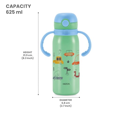 Image of MILTON Fountain 650 ISI Certified Stainless Steel Water Bottle, Leak Proof, Rust Proof, Single walled,1 Yr Warranty, Ideal Sipper Water Bottle for School Kids Bottle, 625 ml, Aqua Green (Cars)