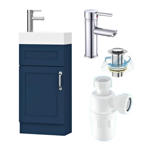 BELOFAY Under Sink Bathroom Cabinet Floor Standing Storage Cupboard Basin vanity Unit, 400mm Laquered Cloakroom vanity unit with basin, Trap and Waste, Tap not included Crawley Blue
