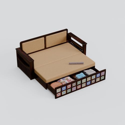 Image of Wooden Sofa Cum Bed for Living Room | Convertible Sofa Bed with Storage | 3 Seater Foldable Sleeper Sofa | Solid Wood Pull Out Sofa Bed with Mattress for Home & Guest Room (Walnut, Anna)