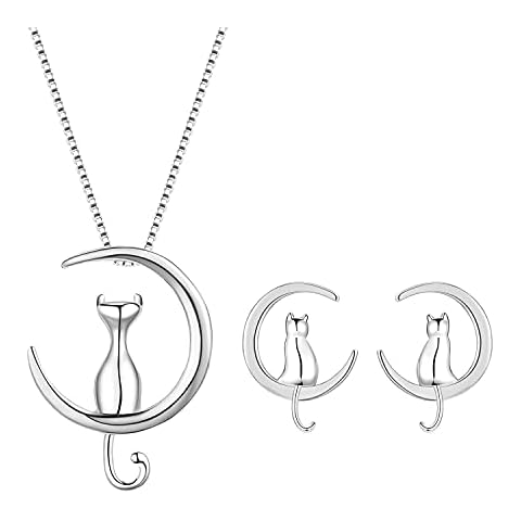 WRISTCHIE Sterling Silver Jewelry Cat On Moon Pendant Necklace 18"+EARRINGS Cover