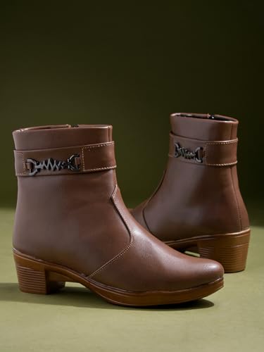 Image of Women's Ankle Boots with Side Zipper and Metal Detail Low Heel Faux Leather Booties for Everyday Comfort and Style
