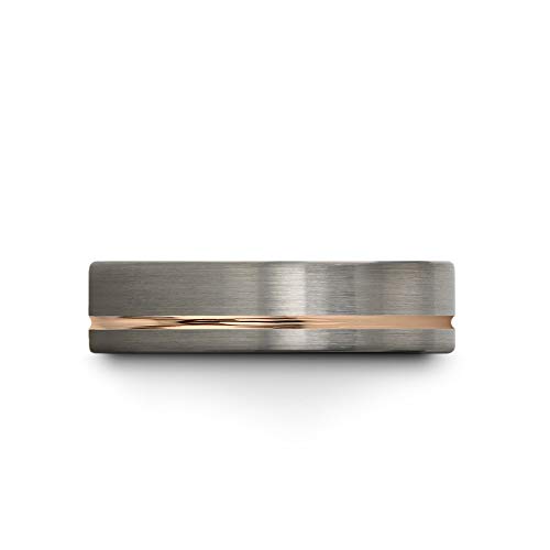 Midnight Rose Collection Tungsten Wedding Band Ring 7Mm For Men Women 18K Rose Gold Plated Flat Cut Off Set Line Black Grey Brushed Polished Size 9.5 #TOP2