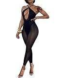 Hilinker Women's Sexy Cut Out See Through Bodycon Jumpsuit Criss Cross Patchwork Rompers Black Large