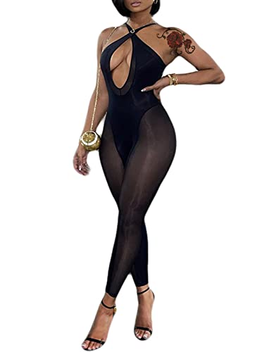 Hilinker Women's Sexy Cut Out See Through Bodycon Jumpsuit Criss Cross Patchwork Rompers Black Large