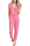 PRETTYGARDEN Women's Summer Casual Deep V Neck Short Sleeve Wrap Drawstring Waist Jumpsuit Romper (R