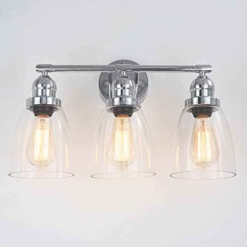 Corlaceling Glass Wall Light 3-Light, Farmhouse Bathroom Vanity Lights Fixtures Brushed Nickel, Brushed Nickel Bathroom Chrome Wall Sconce Lighting for Bathroom, Vanity Mirror, Sink and Bedroom