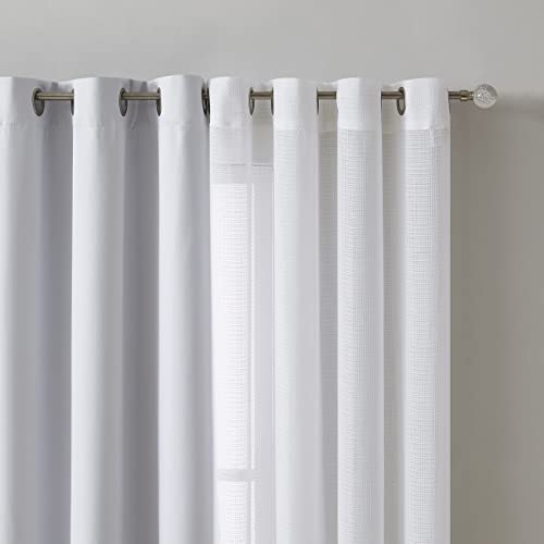 Ugoutry Curtains 84 Inch Long 4 Panels For Living Room, 2 Piece Thermal Insulated Full Blackout Curtains And 2 Piece Light Filtering Weave Sheer, Grommet Solid White Window Treatment, 52" W #TOP4