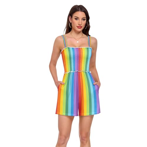 Barboteuse pour femme à rayures arc-en-ciel et col carré d'été
