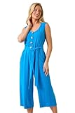 Roman Originals Petite Floral Button Through Jumpsuit for Women UK - Ladies Everyday Holiday Spring Summer V Neckline Comfy Soft Evening Vacation Work Party - Petite Blue - Size 18