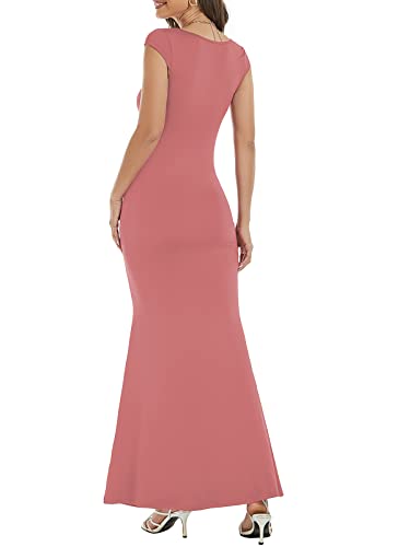 Image of Womens Summer Cap Sleeve Square Neck Elegant Casual Lounge Bodycon Slim Maxi Evening Party Long Dress
