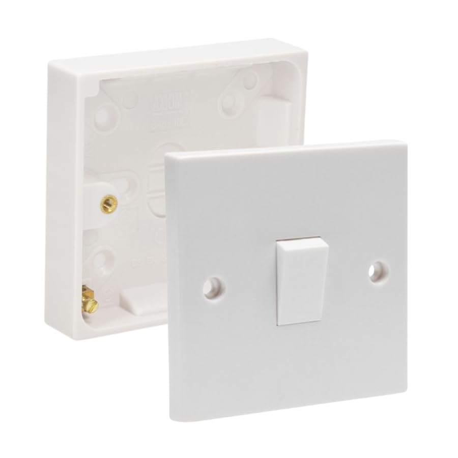 Electric Wall 10A Light Switch 1/2/3 Gang 2 Way Rocker Standard White Square - Compatible with Single 16/25/35/47mm Pattress Back Box Surface Mounted 1 Gang (1 Gang Switch, SET with 16mm Box)