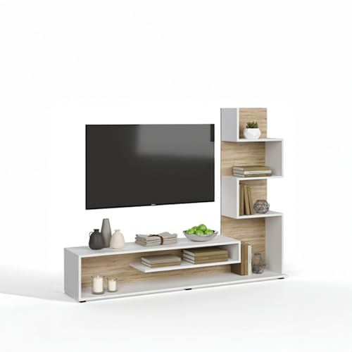duehome | Mueble de Salón, Composición Modular de TV, Modelo Moobi 160, Acabado en Blanco y Roble Canadian, Medidas: 160 cm (Largo) x 29 cm (Fondo) x 124 cm (Alto)