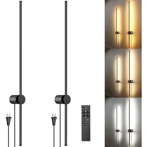 GOODATE Wall Sconces Set of Two with Remote, Stepless Colors 3000K-6500K & Stepless Dimming, Hardwire or Plug-in, 180° Rotate, LED Black Plug in Wall Sconces with Timer & Night Light, 39.4 Inches