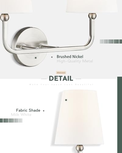 Image of 2-Light Bathroom Light Fixtures, Brushed Nickel Vanity Lights, Double Wall Sconce with Flared White Fabric Shade, Modern Sconces Wall Lighting for Hallway Bedroom Stairway, VL837-BN-2
