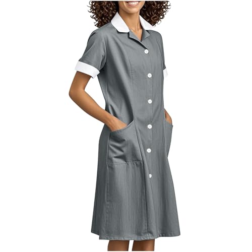 2025 Housekeeping Maid Uniform Dress Womens Button Down Scrub Dresses Workwear Pocket Short Sleeve Loose Dresses