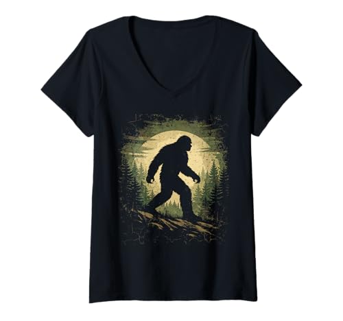 Women's Bigfoot Sasquatch Vintage Forest Cryptid Believer Moon Men V-Neck T-Shirt