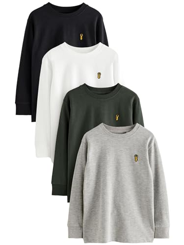 NEXT Garçon T-Shirt Douillet à Manches Longues avec Logo cerf, Lot de 4 Noir/Blanc/Gris 10 Ans
