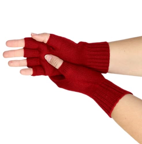 Prettystern Damen 100% Kaschmir-Wolle Halbfinger kurzfinger-handschuhe Fingerlose -Handschuhe Pulswärmer Cashmere Rot