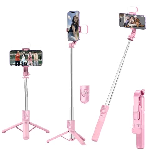 【新登場・軽量】自撮り棒 スマホ 三脚 自撮り スマホスタンド i-Phone 自撮り棒 android兼用 コンパクト 卓上 軽量 360度回転 無線 じどり棒リモコン付き 折りたたみ式 アルミニウム合金製 110cm＆6段階伸縮 持ち運び便利 360°+225°可調節 4-7インチ多機種対応 旅行/セルフィー/撮影/動画鑑賞/ライブ配信に最適 日本語説明書付き(ピンク)…の商品画像（Amazon）