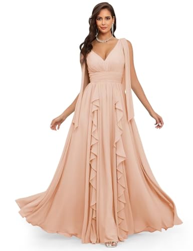 CWOAPO Ruffles Mother of Bride Dresses for Women Long Chiffon V Neck Ruched Empire Waist Formal Evening Gowns
