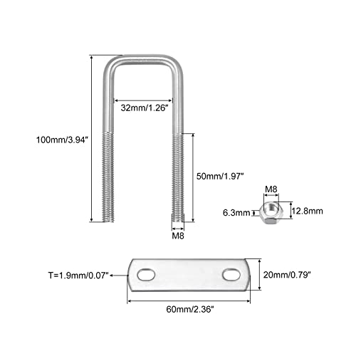 Image of uxcell Square U-Bolts, 32mm(1.26 inch) Inner Width 100mm Length M8 304 Stainless Steel U Clamp Bolt with Nuts and Plates, for Boat Trailer