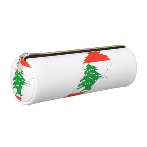 Estuche de piel con diseño de mapa de la bandera del Líbano, respetuoso con el medio ambiente, piel de grano cruzado, cremallera suave, soporte cilíndrico de gran capacidad, Gold, Talla única