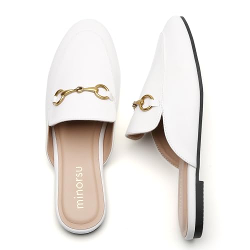 Image of Minorsu Buckle Mules for Women Flats Loafers Shoes for Work Office Business | Slip on,Round Toe,Backless,Slides, Casual