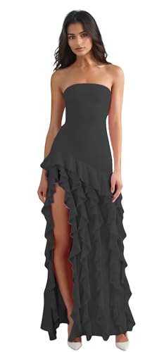 Ruffles Prom Dresses 2025 Strapless Asymmetrical Evening Party Gowns Long Slit Wedding Guest Gown ZX106