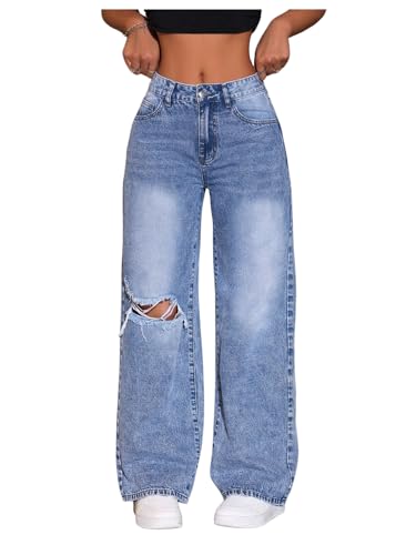 Floerns Women's Low Waist Distressed Denim Pants Wide Leg Casual Baggy Jeans